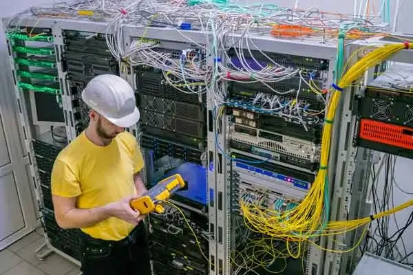 Engineer checking data cables in comms room